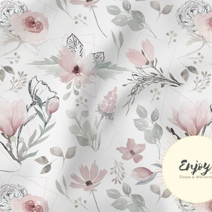 Magnolia Flower Fabric by the meter, Romantic Foliage Flower Print Pink Gray Cotton / Jersey / French Terry / Waterproof Fabric / Oeko-Tex®