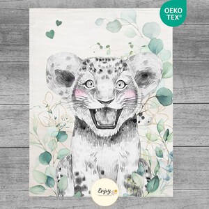 Baby Lion Aqua Green Savannah Blanket Panel, 100% Cotton Oeko-Tex Fabric Remnant for Children, Jungle Animals Eucalyptus Foliage