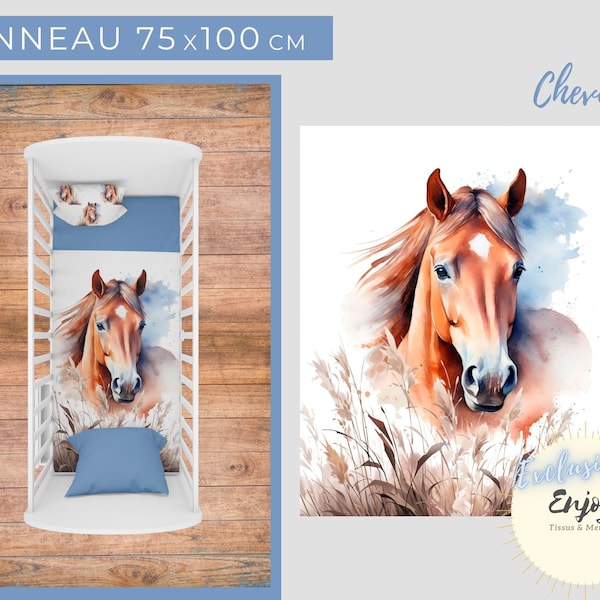 Panneau de Couverture Bébé, Tissu Cheval Bleu OEKO TEX pour Bébé Enfant, Tissu Animaux passion équitation