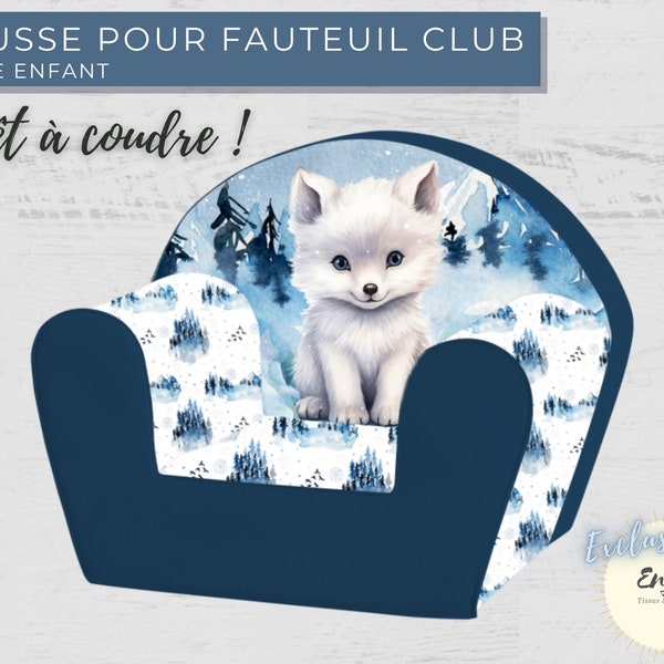 Panneau de Tissu pour Housse de Fauteuil Club Enfant, Imprimé Renard Blanc Polaire Animaux de la Forêt Montagne Hiver 100% Coton OEKO TEX®