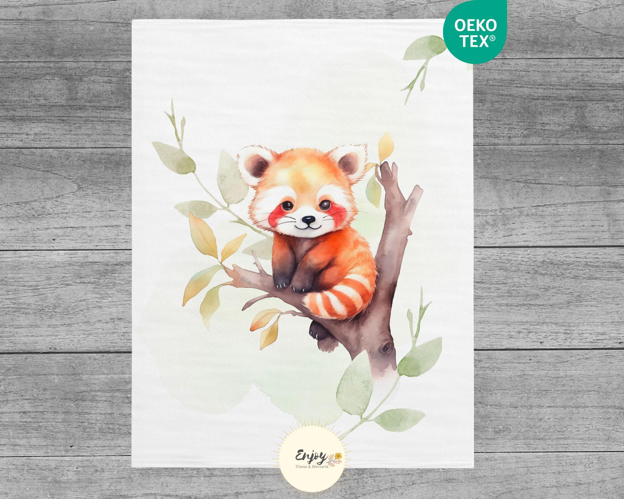 Red Panda Blanket Panel for Baby Child, 100% Oeko-Tex Cotton Coupon, Mixed Exotic Animals Fabric