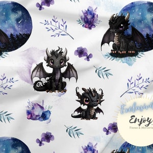 Black Dragon Fabric Mixed Fantastic Animals by the meter for Baby Child in Cotton / Jersey / French Terry / Waterproof Fabric / Oeko-Tex®