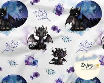 Tissu Dragon Noir Animaux Fantastiques Mixte au mètre pour Bébé Enfant en Coton / Jersey / French Terry / Tissu Imperméable / Oeko-Tex®