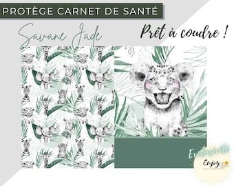 Patron Tissu Protège Carnet de Santé Bébé Savane Vert Jade OEKO TEX, Coupon DIY Lionceau Animaux de la Jungle Lion pour Bébé personnalisable