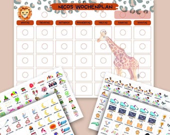 Kinder Wochenplan, Tagesplan, personalisiert mit Namen, Giraffen & Löwen Motiv, über 200 Karten