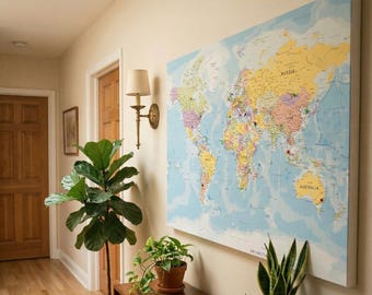 Canvas Push Pin Travel Map - World Map - Made in the UK - Wall Art - Pin Board