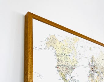 Oak Finish Framed Push Pin Travel Map - World Map - White Background - Solid Wood Frame - Made in the UK