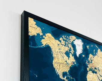 Black Framed Push Pin Travel Map - World Map - Navy Background - Solid Wood Frame - Made in the UK