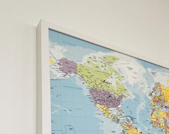 White Framed Push Pin Travel Map - World Map - Light Blue Background - Solid Wood Frame - Made in the UK