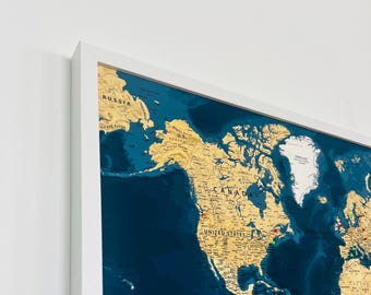 White Framed Push Pin Travel Map - World Map - Navy Background - Solid Wood Frame - Made in the UK