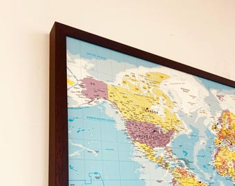 Dark Brown Framed Push Pin Travel Map - World Map - Light Blue Background - Solid Wood Frame - Made in the UK