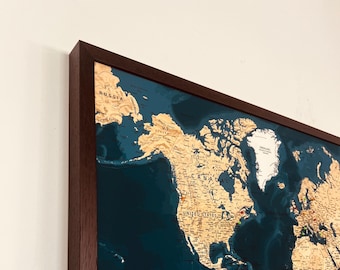 Dark Brown Framed Push Pin Travel Map - World Map - Navy Background - Solid Wood Frame - Made in the UK