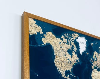 Oak Finish Framed Push Pin Travel Map - World Map - Navy Background - Solid Wood Frame - Made in the UK