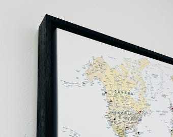 Canvas Push Pin Travel Map - With Black Solid Wood Tray Frame - World Map - Made in the UK - Wall Art