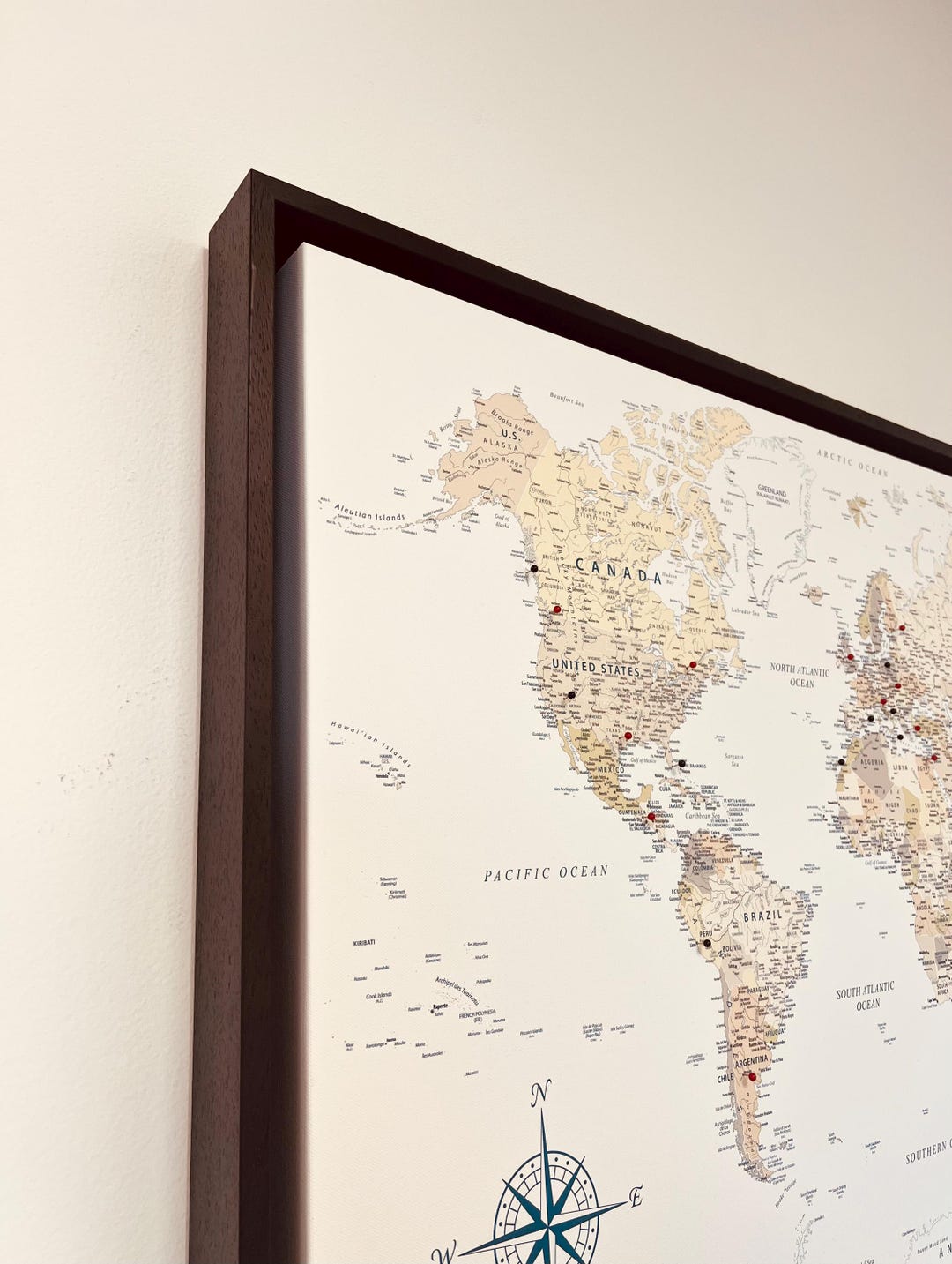 Canvas Push Pin Travel Map - With Dark Brown Solid Wood Tray Frame ...