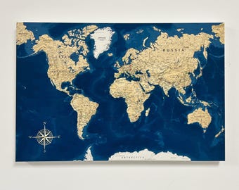 Canvas Push Pin Travel Map - World Map - Navy Background - Made in the UK - Wall Art - Pin Board