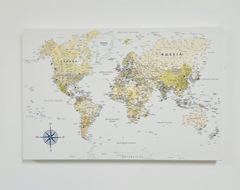 Canvas Push Pin Travel Map - World Map - White Background - Made in the UK - Wall Art - Pin Board