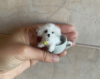 Miniature maltese dog bichon frize puppy lap-dog mini toy ooak dog replica pet doll blythe friend dollhouse miniature handmade small plush