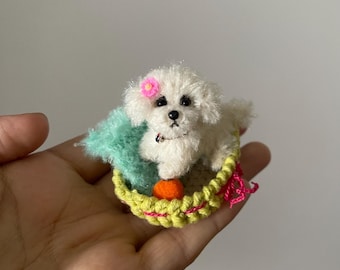 Miniature dollhouse dog maltese cute white maltipoo fluffy puppy realistic pet replica tiny pet Blythe bgd Qbaby doll companion collectible