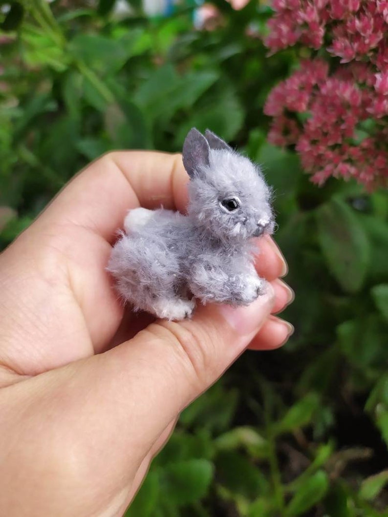 May include: A small, gray, fluffy bunny rabbit with white feet and a white patch on its back. The bunny is being held in a person's hand.