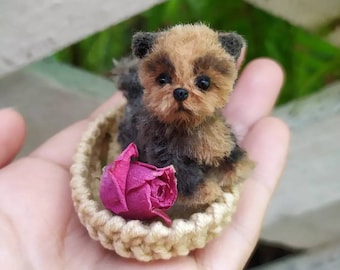 Miniature realistic Yorkie Yorkshire terrier ooak dog portrait stuffed animal doll pet friend dollhouse miniature handmade ukrainian artist