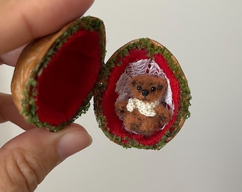 Micro crochet Teddy bear in walnut in nutshell OOAK 2 cm 0.7 inch cute little soft bear cub Qbaby BJD doll pet Collectible exclusive gift