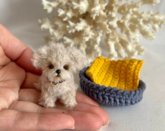 Miniature dog realistic dog maltipoo puppy fluffy pup crocheted dog ooak unique mini toy 1 to 12 scale doll pet friend dollhouse decor