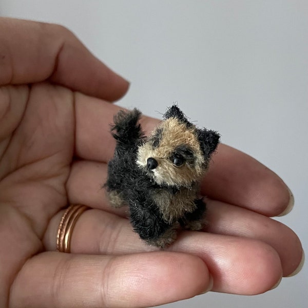 Miniature realistic Yorkie puppy Yorkshire terrier ooak dog portrait stuffed animal doll pet friend dollhouse decor tiny toy in walnut