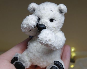 Miniature bear artist Teddy bear polar white bear OOAK 12 cm cute little bear crocheted soft plush bear cub Collectible toy exclusive gift