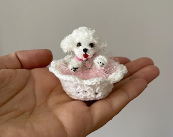 Miniature dog white Maltese puppy cute maltipoo Teddy dog mini collectible toy dollhouse companion pet memorial gift for dog owner and lover