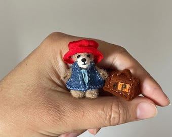 Micro crochet bear with suitcase Paddy miniature Teddy bear OOAK cute little soft bear cub doll pet Collectible figurine dollhouse companion