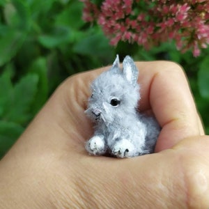 May include: A small, gray, plush bunny rabbit with white feet and black eyes. The bunny is sitting on a hand.