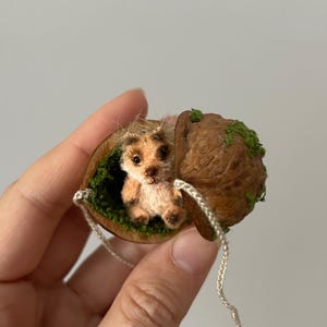 Könnte beinhalten: Eine Miniatur-Erdmännchen-Figur in einer Walnussschale mit grünem Moos im Inneren. Das Erdmännchen ist beige und braun, mit einem detaillierten Gesicht. Die Walnussschale ist braun, mit einem Faden befestigt.