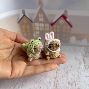 Tiny crochet Capybara goes to school stuffed animal Amigurumi capybara in bunny and frog hat handmade gift for girl cute toy dollhouse decor