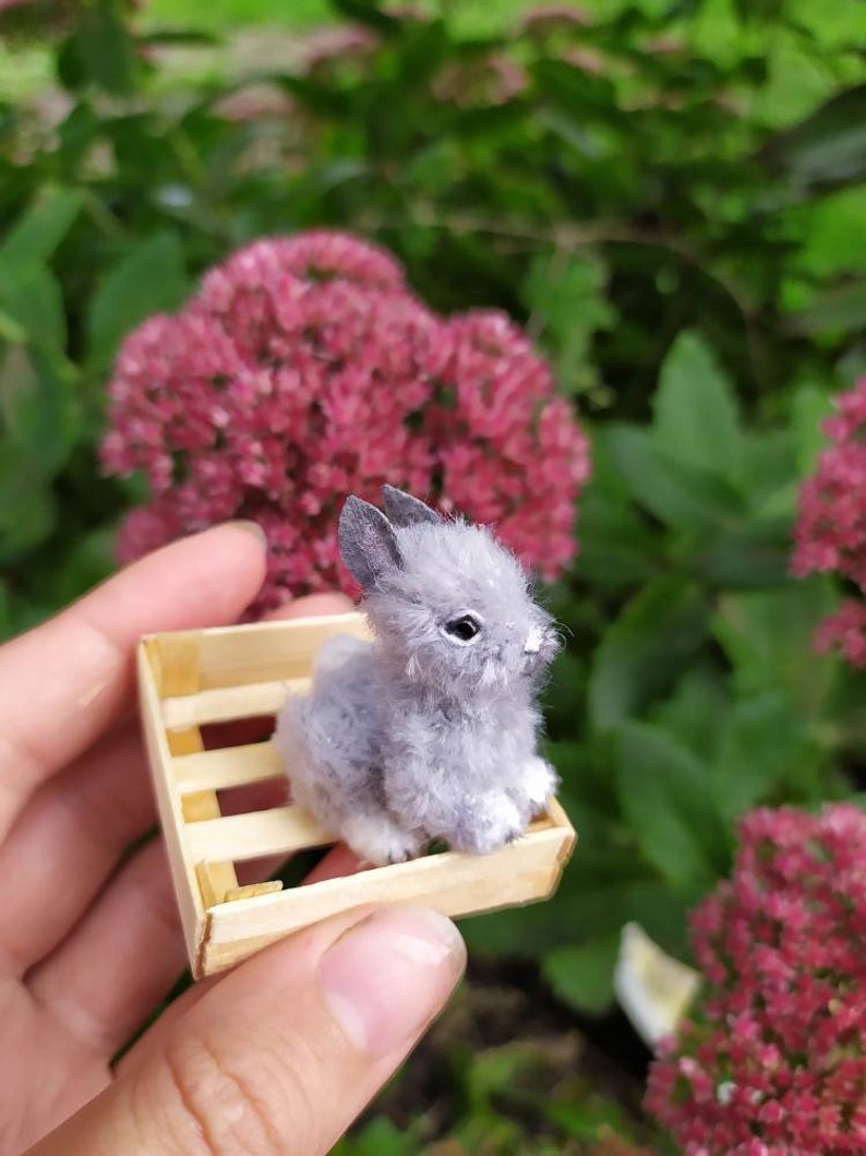 May include: A small gray bunny rabbit sitting in a wooden crate. The bunny has white feet and a fluffy tail.