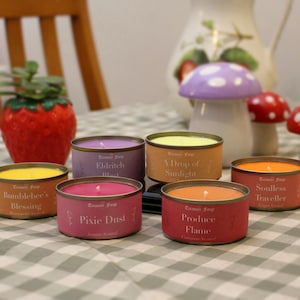 May include: A selection of scented candles in small, round tins. The labels on the tins feature phrases such as "Eldritch Black" and "Soulless Traveller." Decorative mushroom ornaments and a strawberry planter are also in the image.