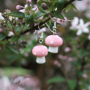 Mushroom Toadstool Earrings/Necklace Handmade from Polymer Clay, Pink. Customisable gold/silver chain. 18” length/925 sterling silver