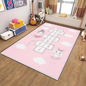 Ballerina Hopscotch Rug, Pink Kids Play Mat, Girls Room Carpet with Bunny, Cute Nursery Floor Mat, Soft Educational Game Rug, Gift for Her
