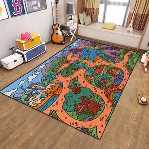 Colorful Road Map Play Rug, Fantasy Village Carpet for Kids, Cartoon Town Floor Mat, Toddler Room Playmat, Adventure Game Rug for Boys-Girls