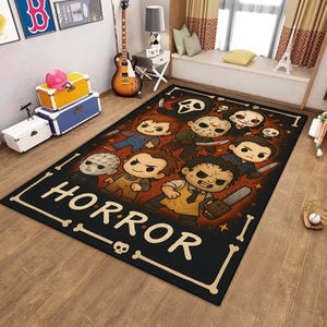 Chibi Horror Movie Villains Rug: Halloween Cartoon Decor