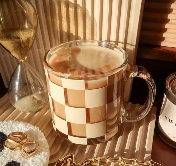 Checkered Glass Mugs, Coffee Mugs, Tea, checkerboard, Checker print