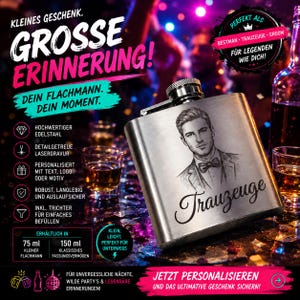 Könnte beinhalten: Ein Edelstahl-Flachmann mit einer Lasergravur, die eine Person im Smoking mit Fliege und das Wort Trauzeuge zeigt. Der Flachmann hat einen Schraubverschluss und wird mit deutschem Text präsentiert, der Merkmale wie die Größen 75 ml und 150 ml beschreibt.