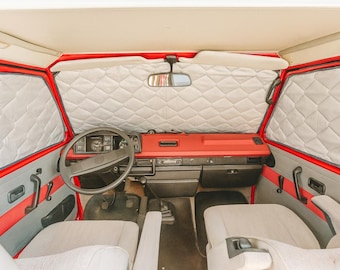 Juego de persianas térmicas con aislamiento magnético compatibles con el habitáculo de la VW T3 (ventanas laterales y parabrisas).