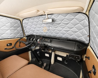 Juego de persianas térmicas con aislamiento magnético compatibles con el habitáculo del VW T2: ventanas laterales y parabrisas.