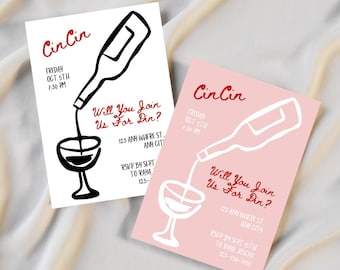 Birthday Dinner Party Invitation CinCin – Hand Drawn Wine, Customizable Canva Template (Digital Download)