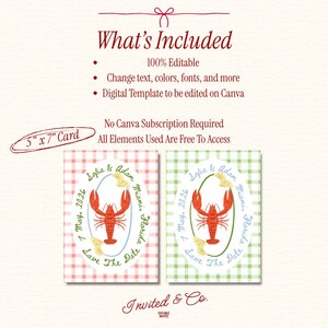 May include: Two "Save the Date" cards with a lobster theme. One card has a red and white gingham background, the other a green and white gingham. Each card has an oval design with a lobster illustration and text.