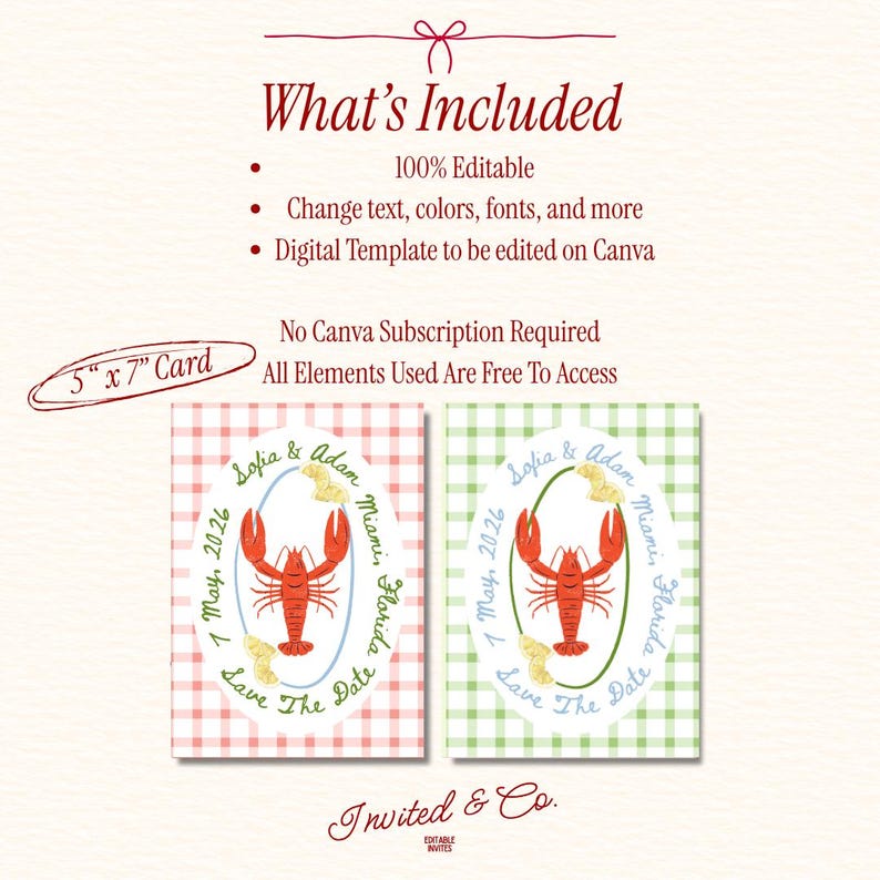 May include: Two "Save the Date" cards with a lobster theme. One card has a red and white gingham background, the other a green and white gingham. Each card has an oval design with a lobster illustration and text.