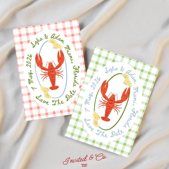 Gingham Lobster Birthday Invitation – Coastal Seafood Party (Canva Template)