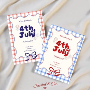 Aesthetic Gingham Fourth of July Party Celebration Invitation - Customizable Canva Template Red White and Blue Bow Firework 4th of july