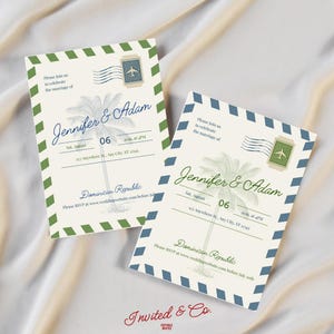 Faire-part d'anniversaire de mariage à destination de la carte postale esthétique - Modèle sur toile personnalisable Palmier bleu vert côtier